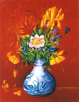 Vase de fleurs fond rouge